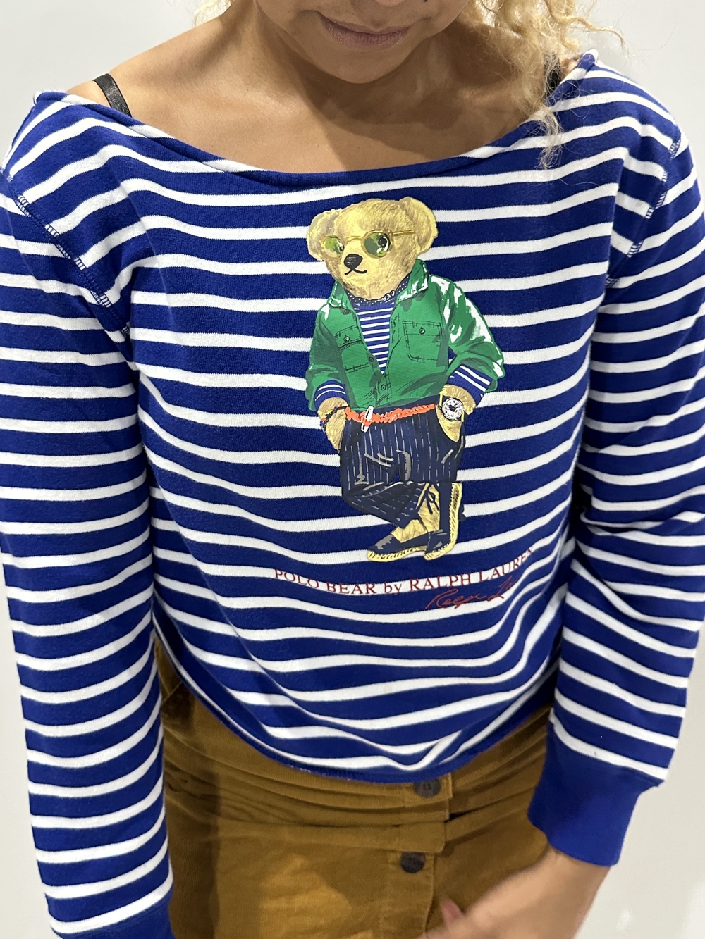Ralph Lauren Polo Bear Blue/White Striped Crewneck Fleece Pullover Sweatshirt SM